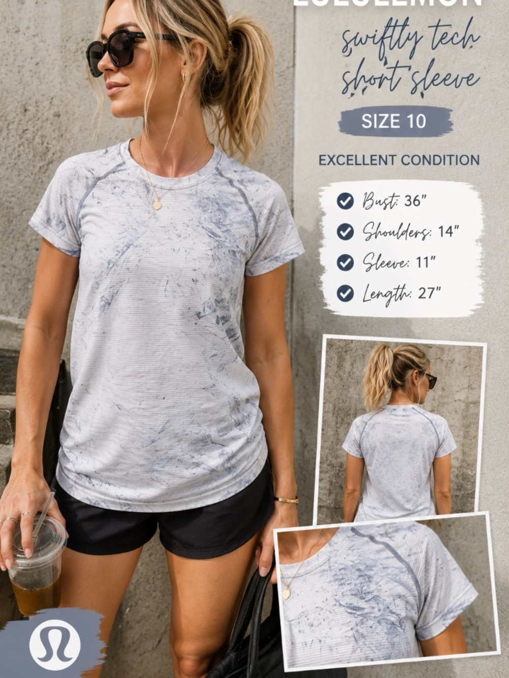 Lululemon Swiftly Tech Short Sleeve Shirt Size 10 White Blue Marble Athletic Top - Picture 2 of 8